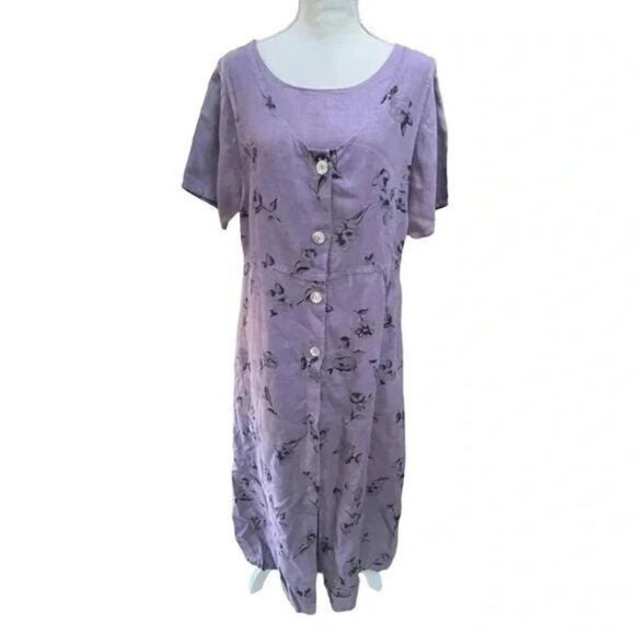 Vintage 1990s Linen Floral Tunic Maxi Dress Set – Purple, Short Sleeve, Made in - Picture 2 of 13